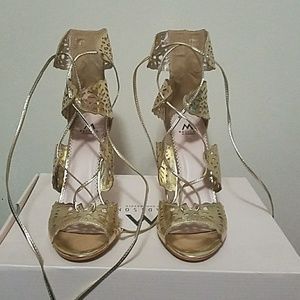 Gold, platinum, perforated, lace-up heels, 4 in.